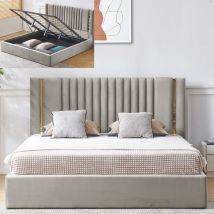 Lit Coffre Métal Or Et Velours Kaufman - Velours Gris - 180x200, Style Contemporain, 214 x 188 x 122 cm - Meubler Design