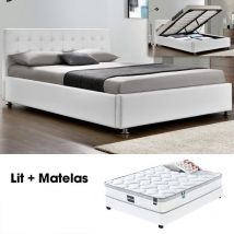 Lit Complet Capitole + Matelas Romance 140 Blanc, Polyuréthane, Style Contemporain, 203 x 151 x 90.5 cm - Meubler Design