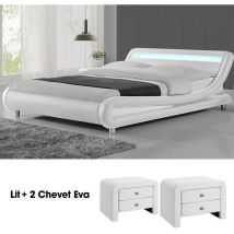 Lit Design Julio140 Avec 2 Tables Chevet Eva En Blanc, Polyuréthane, Style Contemporain, 206.5 x 155 x 62 cm - Meubler Design