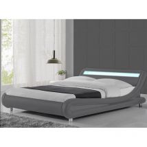 Lit Led Design Julio - Gris - 90x190, Structure En Bois - Simili Cuir Revêtu En Polyuréthane, Style Contemporain, 206.5 x 115 x 62 cm - Meubler Design