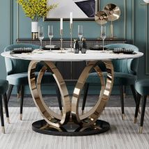 MEUBLER DESIGN Table À Manger Rond Céramique Effet Marbre Blanc Pied Couleur Or Alliance, Métal Finition Couleur Or, Métal, Rond, Style Art déco, 150