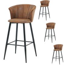 Meubles Cosy - Juego de 4 Taburetes de Bar, Silla Tapizada en Ante Marrón con Brazos, Respaldo y Reposapiés, Asiento Cocina Alto 77cm, Estilo