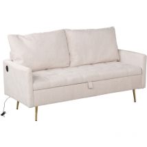 Canapé 2 Places en Tissu avec Ports usb et Espace de Stockage pour Salon, Appartement, Cadre en Bois Massif, Pieds en métal, Beige - Meubles Cosy