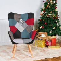 Poltrona lounge in stile scandinavo, tessuto patchwork multicolore, gambe in legno massello di faggio, adatta per soggiorno, sala da pranzo, ufficio