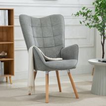 Meubles Cosy - Sillón con tapizado en tela gris, estructura de respaldo de metal, asiento de madera contrachapada y patas de madera natural de estilo