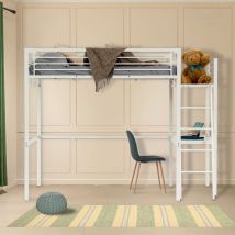 Lit mezzanine adulte en Blanc métal laqué époxy avec bureau - sommier à lattes - 140x190cm - matelas non inclus - Meubles Cosy