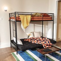Lit mezzanine avec banquette convertible sans matelas - style industriel métal noire - Sommiers inclus - 90 x 190 cm - Meubles Cosy