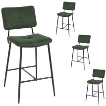 4er-Set Barhocker im Retro-Vintage-Stil – 69 cm hoher, gepolsterter Sitz – Hochstühle aus grünem Stoff – Beine und Fußstütze aus schwarzem Metall