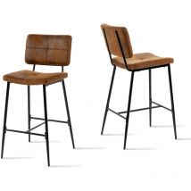 Set of 2 Retro Vintage Bar Stools - 75 cm High Upholstered Seats - High Chairs in Suede - Black Metal Legs and Footrest - Meubles Cosy