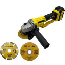 Nemura - Meuleuse d'angle 125mm sans fil 20V brushless + Batterie 4Ah + Chargeur rapide + 3 disques