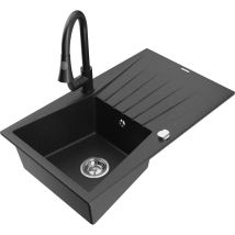 Mexen - Cesar 1 Becken-Granitspüle mit Abtropffläche und Mischbatterie Elia, Schwarz/Silbermetallic -