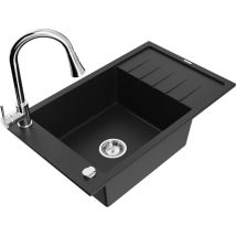 Mexen - Elias 1 Becken-Granitspüle mit Abtropffläche und Mischbatterie Elia, Schwarz - 6511-77-670101-