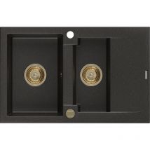 Mexen - Gaspar 1,5-Becken-Granitspüle mit Abtropffläche 737 x 475 mm, Schwarz/Gold metallisch, Siphon