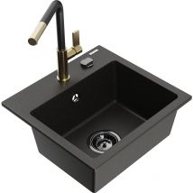 Milo 1-Becken-Granitspüle mit Mischbatterie Flora, Schwarz/Gold metallisch - 6505-75-670401-57 - Mexen