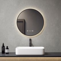 Meykoers - 60cm Round Illuminated Bathroom Mirror Black Frame led Bathroom Mirror, Touch switch + Anti-fog + Clock