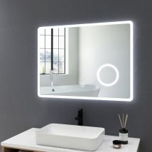 Meykoers Badspiegel mit Beleuchtung Badezimmerspiegel mit 3-Fach Vergrößerung Kaltweiß LED Wandspiegel 80x60cm mit Touch-Schalter