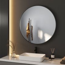 Meykoers Bathroom Round Mirror ф80cm Modern Bathroom Hanging Wall Mirror Black Frame with Adjustable Leather Strap