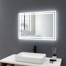 Meykoers - Espejo de baño con luz, espejo de baño led de 70x50cm con antivaho, interruptor de botón, luz blanca fría y luz cálida