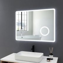 Meykoers - Espejo de baño con luz 80x60cm led espejo de baño con 3x lupa, espejo led con función Interruptor táctil + Antivaho + Regulable
