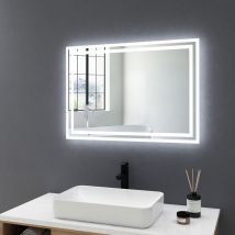 Meykoers LED Bathroom Mirror 700 x 500 mm, Illuminated Backlit Wall Mounted-Mirror with Demister, Button Switch, Cold white light / Warm white light