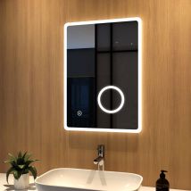 Meykoers - led Bathroom Mirror 70x50cm Illuminated Vanity Mirror with Touch, Demister, 3x magnifier & Shaver socket