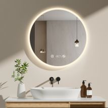 Meykoers - Miroir Salle de Bain anti-buée 70 cm led Miroir Lumineux salle de bain avec Interrupteur Tactile + Horloge et Dimmable