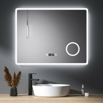 Meykoers - Specchio da Bagno con Illuminazione, Retroilluminato Specchio Bagno 90 x 70 cm con Antiappannamento + Orologio + Interruttore touch +