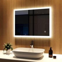 Meykoers Specchio da bagno LED con Antiappannamento, 80x60cm Specchio bagno, 6500K Luce Bianco freddo