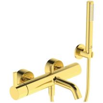 Ideal - Mezclador de baño joy con ducha de mano de bastón flexo de ducha dorado cepillado y soporte de pared standard