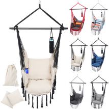 Sedia Amaca - con Cuscino, a Dondolo, Appesa, Carico150 kg, da Interno, Beige - Poltrona Sospesa, Altalena, Macrame, Hammock, da Esterno, Giardino,