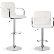 Miadomodo - Sgabello da Bar - Set di 2, Imbottito in Similpelle, con Schienale, Poggiapiedi e Braccioli, Regolabile: 62-83 cm, Girevole 360°, Bianco