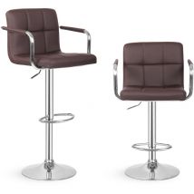 Sgabello da Bar - Set di 2, Imbottito, Similpelle, Schienale, Poggiapiedi, Braccioli, Regolabile: 62-83 cm, Girevole 360°, Marrone - Club, Sedia Alta