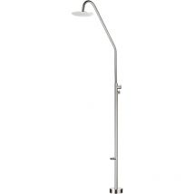 Mice - Ducha Exterior de Acero Inoxidable 316 para Piscina y Jardín, Rociador Redondo 25cm, 232cm Altura, con Grifo para Pies (Acero Cepillado)