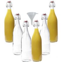 Mikken - 6 bottiglie di vetro da 1 litro con chiusura a leva, in porcellana, con imbuto