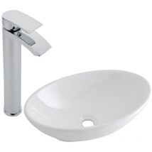 Milano - Altham - Modern 520mm x 320mm White Ceramic Oval Countertop Bathroom Basin Sink - With High Rise Tap