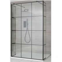 Milano - Barq - Black Floating Glass Walk In Wet Room Shower Enclosure with Grid Pattern Screen&44 Hinged Return Panels&44 Support Arms and White