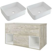 Milano Bexley - Light Oak 1200mm Wall Hung Bathroom Vanity Unit with 2 Countertop Basins - Rectangular Basins (With led Light)