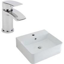 No Brand - Milano Farington - Modern 460mm x 420mm White Ceramic Rectangular Countertop Wall Mounted Bathroom Basin Sink - With Mixer Tap