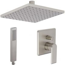 Milano Hunston - Modern Brushed Nickel Manual Diverter Mixer Shower Valve with 200mm Square Wall Mounted Rainfall Shower Head and Hand Shower Handset