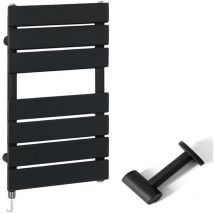 Milano - Lustro Electric - Modern Black Flat Panel Heated Towel Rail Radiator with Simple Heating Element and Cable Cover - 600mm x 400mm