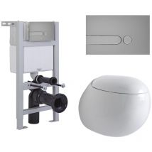 Mellor - White Ceramic Modern Bathroom Wall Hung Round Toilet wc with Short Wall Frame&44 Cistern and Flush Plate - Dot Satin Flush Plate - Milano