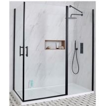 Nero - Black Corner Walk In Wet Room Hinged Door Shower Enclosure with White Tray and Fast Flow Waste - 1100mm x 700mm - Milano