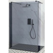 Nero-Luna - Black Floating Walk In Frameless Wet Room Shower Enclosure with Smoked Glass Screen Return Panels Support Arms and Light Grey Slate
