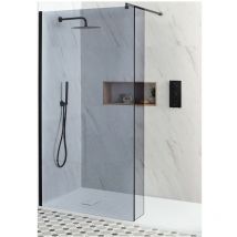 Milano - Nero-Luna - Black Recessed Walk In Frameless Wet Room Shower Enclosure with Smoked Glass Screen and Hinged Return Panel&44 Support Arm and