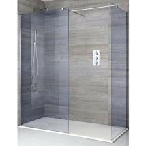 Milano Portland-Luna - Chrome Corner Walk In Frameless Wet Room Shower Enclosure with Smoked Glass Screens&44 Support Arms and White Slate Effect