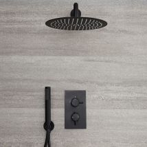 No Brand - Milano Nero - Modern 2 Outlet Twin Diverter Thermostatic Mixer Shower Valve with Wall Mounted 300mm Round Rainfall Shower Head and Hand