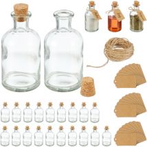 Mini bouteilles, lot de 24, petites fioles, bouchon de liège, 125ml, à remplir, étiquettes, transparent/nature - Relaxdays