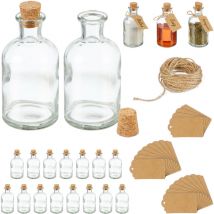 Relaxdays mini bouteilles, lot de 20, petites fioles, bouchon de liège, 125ml, à remplir, étiquettes, transparent/nature