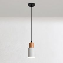 Kcvv - Mini-Nachttisch-Pendelleuchte, Pendelleuchte aus Holz mit zylindrischem Schirm, Hängelampen mit langen Metallrohren, E27-Leuchte - Weiß