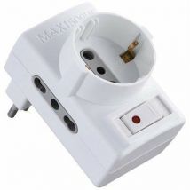 Rosi - Adaptador triple con interruptor térmico y enchufes bipas y schuko Electraline blanco 2P+T asimétrico